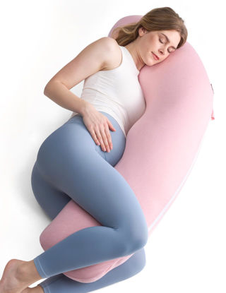 Picture of Momcozy Body Pillow for Pregnancy, J Shaped Pregnancy Pillows for Side Sleeping, Soft Maternity Pillow with Jersey Cotton Cover for Head Neck Belly Support, Pink