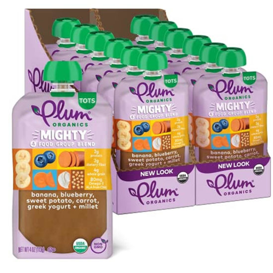 Picture of Plum Organics Mighty 4 Organic Toddler Food - Banana, Blueberry, Sweet Potato, Carrot, Greek Yogurt, and Millet - 4 oz Pouch (Pack of 12) - Organic Fruit and Vegetable Toddler Food Pouch