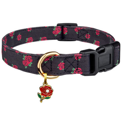 Picture of Cotton Handmade Dog Collar Cute and Distinctive Patterns Black Rose with Pendant Cute Dog Collars for Small Medium Large Dogs Girl Dogs Boy Dogs S