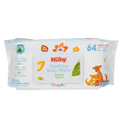 Picture of Nuby Soothing Baby Wipes Naturally Inspired with Chamomile Aloe and Citroganix (Fragrance Free/Extra Thick), Unscented, 64 Count