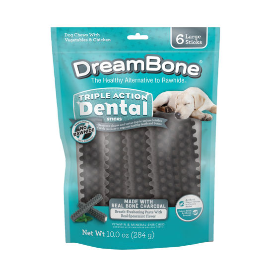 Picture of Dreambone Triple Action Dental Sticks Charcoal, 6 Count, Rawhide-Free Chews for Large and XL Sized Dogs Freshens Breath