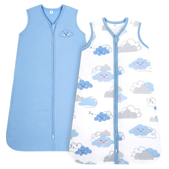 Picture of TILLYOU Sleep Sack 0-6 Months - 0.5 TOG Baby Wearable Blanket with 2-Way Zipper, Extra Soft Cotton Sleeveless Sleeping sack 2 Pack, Small Cloud & Blue
