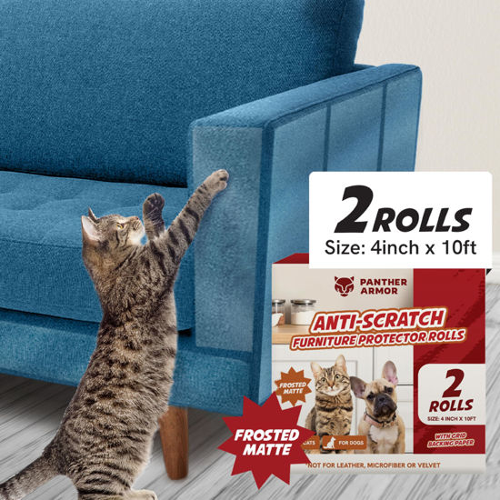 Picture of Panther Armor Frosted Matte Cat Scratch Tape for Furniture, Couch Protector, Single Side Sticky Tape for Pets to Stop Scratching, 4 in x 20ft, No Pins Required, Corner Protection