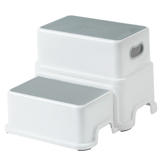 Picture of Victostar 2 Step Stool for Kids, Anti-Slip Sturdy Toddler Two Step Stool for Toilet Potty Training, Bathroom,Kitchen(Grey-White)