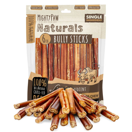 Picture of Mighty Paw Naturals Bully Sticks for Dogs - Grass Fed Beef Dog Chews. Dog Bully Sticks for Large Dogs, Medium and Small Breeds. Lower Odor Bully Sticks for Small Dogs. Single Ingredient (6" - 25 Pack)