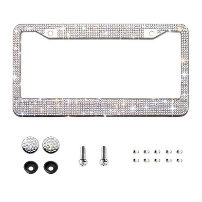 Picture of Bling License Plate Frame for Women,Sparkle Crystal Bedazzled Rhinestone License Plate Frames with 1400pcs Rhinestones, Handcrafted Crystal Premium Stainless Steel Frame with Screw Caps (White)
