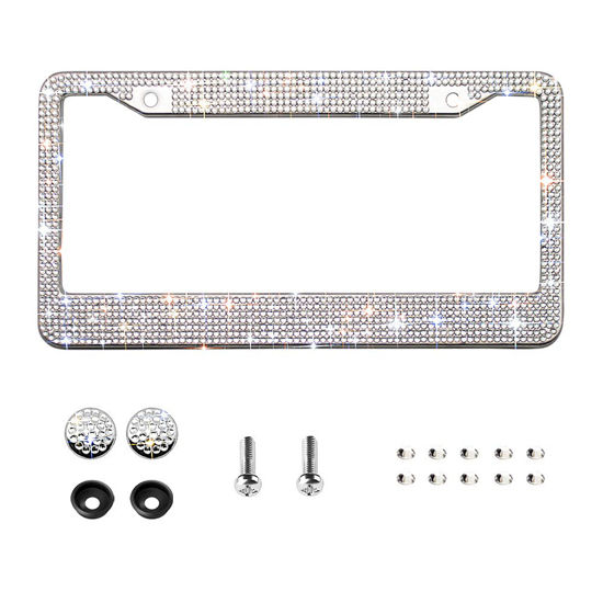 Picture of Bling License Plate Frame for Women,Sparkle Crystal Bedazzled Rhinestone License Plate Frames with 1400pcs Rhinestones, Handcrafted Crystal Premium Stainless Steel Frame with Screw Caps (White)
