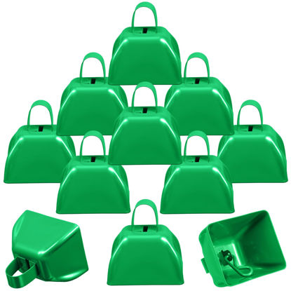 Picture of Therwen 12 Pack Metal Cow Bells Noise Makers with Handle 3 Inch Hand Percussion Cowbells Bulk Loud Call Bell for Sporting Events Cheering Football Games Team Spirit Weddings Party Noisemakers (Green)