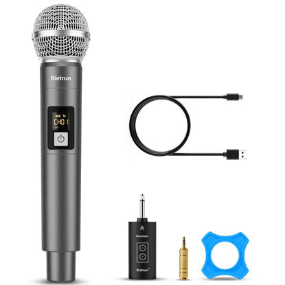 Picture of Bietrun Wireless Microphone, UHF Single Handheld Cordless Dynamic Metal Mic Set with Rechargeable Receiver, 1/4'' Plug Output, for Karaoke, Church, Wedding, Party Singing(98 ft Range)(Auto Connect)