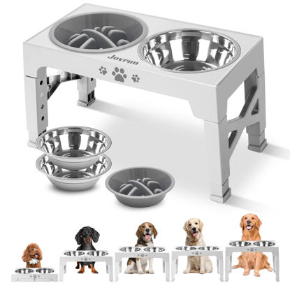 Picture of Jovrun Elevated Dog Bowls, Dog Feeder with 2 Stainless Steel Bowls &1 Slow Feeder Dog Bowls, 5 Heights Adjustable Raised Dog Bowls Stand for Medium Large Dogs, Dog Food Bowls with Non-Slip Feet
