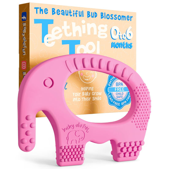 Picture of Cute Baby Gifts for Girls and Baby Shower Gifts - Baby Elefun Teething Toys for Babies Age 0 to 6 Months - 5X Pain Relief Smart Teether, Zero Developmental Delay Pink Silicone Teething Toy for Infants