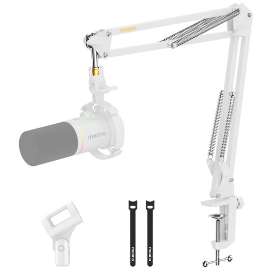 Picture of MAONO Boom Arm Microphone Stand: Adjustable Metal Suspension Mic Boom Arm for Podcasting Gaming Streaming Recording,with Desk Clamp and 3/8" to 5/8" Screw Adapter-Max Load 1KG BA20 White
