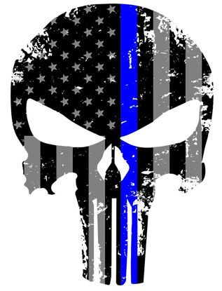 Picture of K9King Punisher Skull 5.5 x 4 Inch Tattered Subdued Us Flag Reflective Decal with Thin Blue Line for Cars, Trucks, Laptops and More Thin Blue Line Sticker Police US Flag Enforcement Blue Lives Matter
