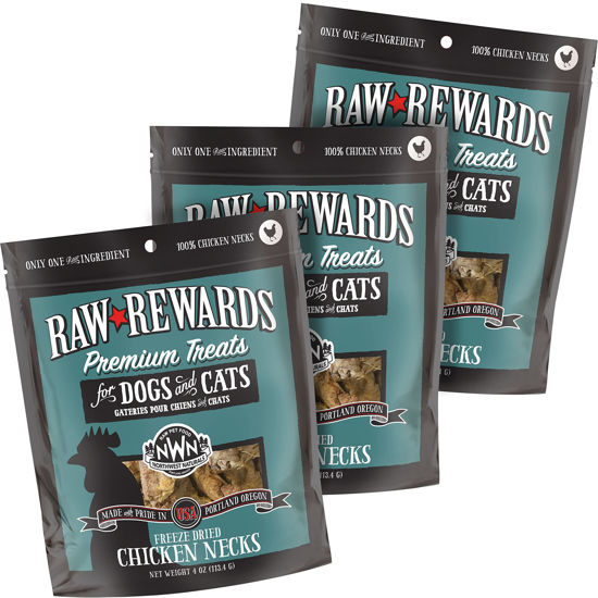 Picture of Northwest Naturals Raw Rewards Freeze-Dried Chicken Neck Treats for Dogs and Cats - Bite-Sized Pieces - Healthy, 1 Ingredient, Human Grade Pet Food, All Natural - 4 Oz (Pack of 3)