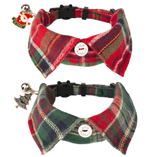 Picture of ADOGGYGO Christmas Cat Collars Breakaway with Bow Tie Bell, 2 Pack Red Green Plaid Christmas Kitten Collar with Removable Shirt Collar, Plaid Pet Christmas Collars for Cats Kittens (Christmas)