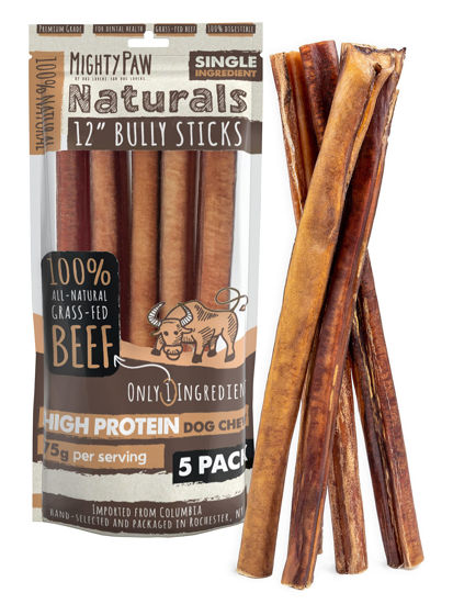 Picture of Mighty Paw Naturals Bully Sticks for Dogs - Grass Fed Beef Dog Chews. Dog Bully Sticks for Large Dogs, Medium and Small Breeds. Lower Odor Bully Sticks for Small Dogs. Single Ingredient (12" - 5 Pack)