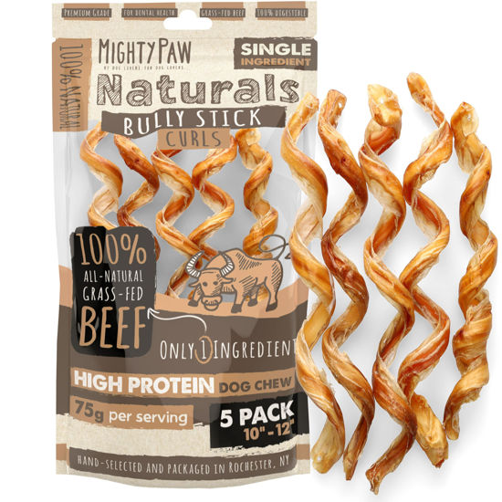 Picture of Mighty Paw Naturals Curly Bully Sticks for Dogs - Grass Fed Beef Dog Chews. Dog Bully Sticks for Large Dogs, Medium, Small Breeds. Lower Odor Bully Sticks for Small Dogs. Single Ingredient 12”, 5 Pack