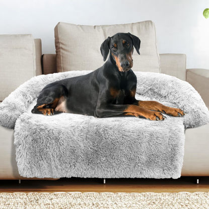 Picture of GGIB Calming Dog Bed Fluffy Plush Dog Mat for Furniture Protector with Removable Washable Cover for Large Medium Small Dogs and Cats (Extra Extra Large, Light Grey)