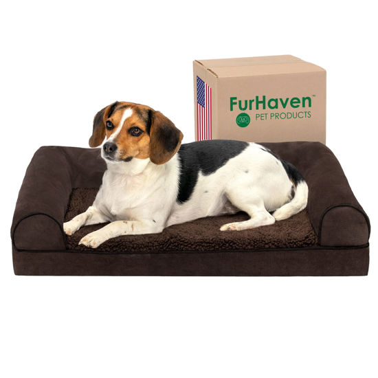 Picture of Furhaven Orthopedic Dog Bed for Medium/Small Dogs w/ Removable Bolsters & Washable Cover, For Dogs Up to 35 lbs - Sherpa & Chenille Sofa - Coffee, Medium