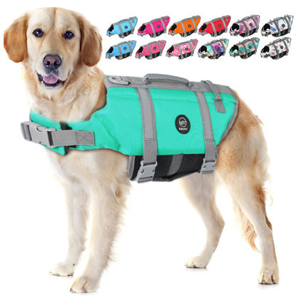 Picture of EMUST Dog Life Jacket, Lightweight Dog Life Vests with Rescue Handle for Small Medium and Large Dogs, Pet Safety Swimsuit Preserver for Swimming Pool Beach Boating, 2XL, Turquoise