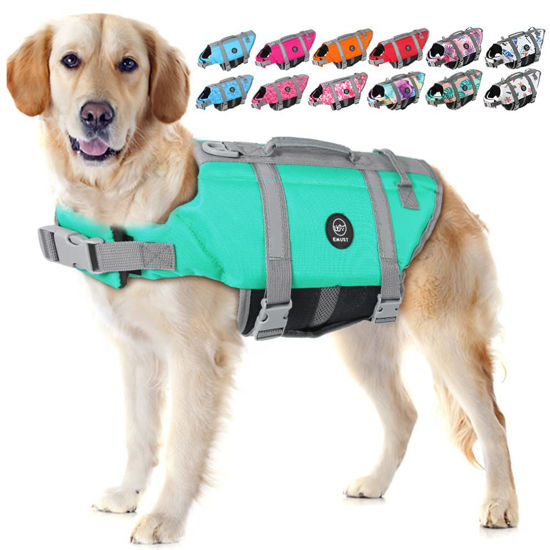 Picture of EMUST Dog Life Jacket, Lightweight Dog Life Vests with Rescue Handle for Small Medium and Large Dogs, Pet Safety Swimsuit Preserver for Swimming Pool Beach Boating, 2XL, Turquoise