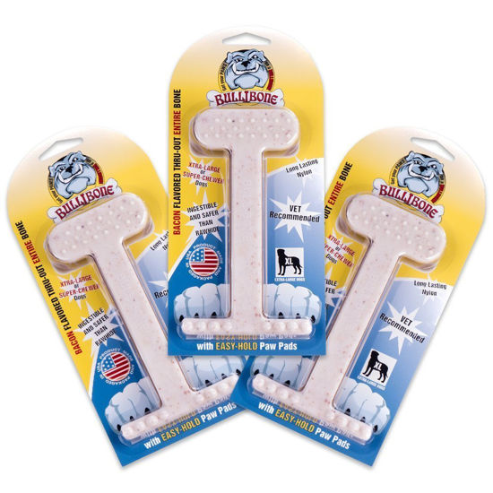 Picture of Bullibone Nylon Dog Chew Toy Nylon Bone - Improves Dental Hygiene, Easy to Grip Bottom, and Permeated with Flavor (Bacon, XL - 3 Pack)