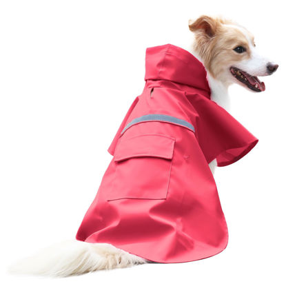 Picture of NACOCO Large Dog Raincoat Adjustable Pet Water Proof Clothes Lightweight Rain Jacket Poncho Hoodies with Strip Reflective (M, Red)