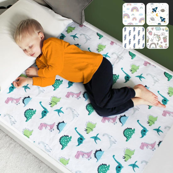 Picture of Hygge Sheets® Potty Training Pee Pads for Kids, Toddlers - 100% Waterproof, Non Slip Bed Wetting Pad for Twin Beds - Washable, Reusable Mattress & Sheet Protector - Dinosaur