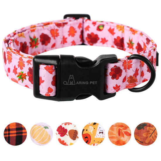 Picture of ARING PET Fall Dog Collar Pink Maple Leaf Rugby Dog Collars, Cotton Lightweight Thanksgiving Turkey Dog Collars Puppy Collar for Small Medium Large Dogs