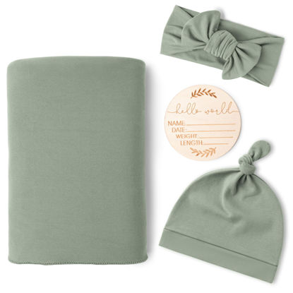 Picture of Konssy Baby Girl Newborn Receiving Blanket with Matching Headband and Beanie Set Baby Swaddle Nursery Swaddle Wrap