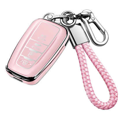 Picture of Tukellen for Toyota Key Fob Cover with Keychain,Special Soft TPU Key Case Protector Compatible with 2018-2024 RAV4 Camry Avalon Corolla Highlander C-HR Prius GT86(only for Keyless go) Chalk Pink