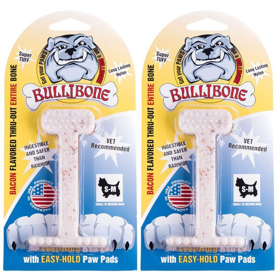Picture of Bullibone Nylon Dog Chew Toy Nylon Bone - Improves Dental Hygiene, Easy to Grip Bottom, and Permeated with Flavor (Bacon, Small - 2 Pack)