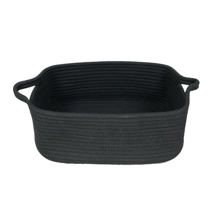Picture of Woven Cotton Rope Storage Basket with Handles for Organizing Shelves Closet Small Cat Dog Pet Toy Basket Box Bin Decorative Rectangle Baby Nursery basket Gift Basket Empty Black