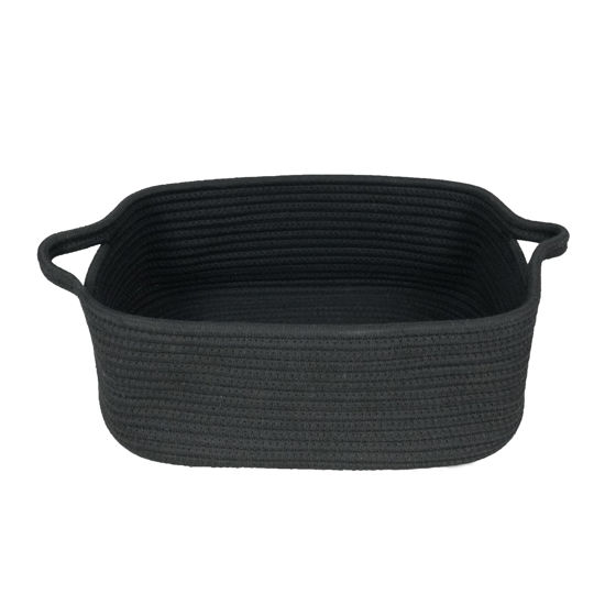 Picture of Woven Cotton Rope Storage Basket with Handles for Organizing Shelves Closet Small Cat Dog Pet Toy Basket Box Bin Decorative Rectangle Baby Nursery basket Gift Basket Empty Black