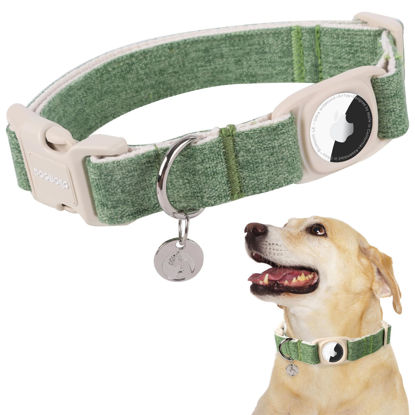 Picture of DOGWONG Airtag Cotton Hemp Dog Collar, Heavy-Duty Dog Collar with Airtag Holder Green Dog Collar Durable Natural Fabric Pet Dog Collar Cute Puppy Necklace for Small Medium Large Dog