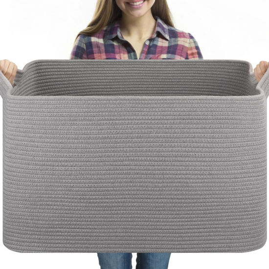 Picture of OIASKET Extra Large Blanket Basket, 23.6" x 16.5" x 13.8" Woven Storage Basket for Living Room, Nursery Blanket Storage, Rectangle Storage Basket for Toys, Towels, Dirty Clothes Basket (Light Grey)