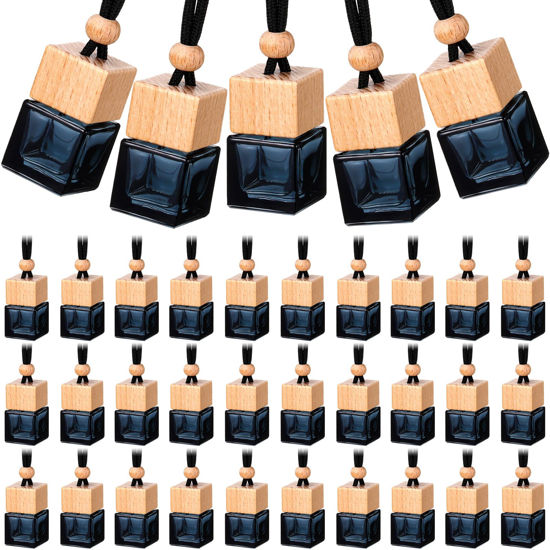 Picture of BBTO 50 Pcs Hanging Car Air Freshener Car Diffuser Bottles Empty Glass Perfume Bottle Freshener Diffuser Bottle Pendant for Essential Oil Fragrance Aromatherapy Bottle Ornament (Black,Cube)