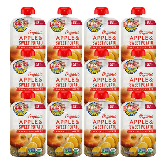 Picture of Earth's Best Organic Baby Food Pouches, Stage 2 Fruit and Vegetable Puree for Babies 6 Months and Older, Organic Sweet Potato and Apple Puree, 3.5 oz Resealable Pouch (Pack of 12) (Packaging May Vary)
