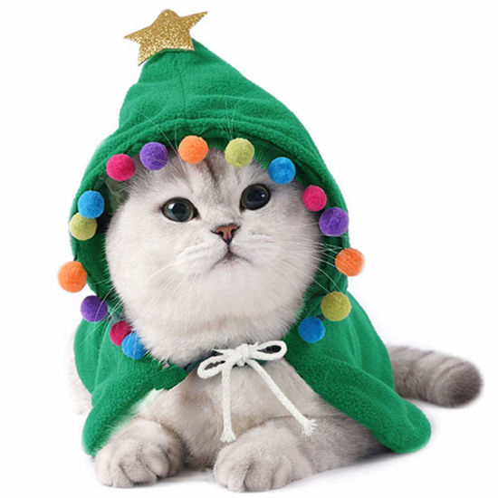 Picture of ANIAC Pet Dog Christmas Costume Puppy Cloak with Star and Pompoms Cat Santa Cape with Hat Winter Dog Outfit for Cats and Small Dog (Small, Green)