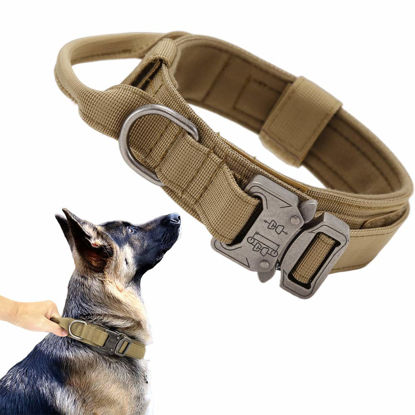 Picture of Tactical Dog Collar Military Dog Collar Adjustable Nylon Dog Collar Heavy Duty Metal Buckle with Handle for Dog Training (Brown,L)