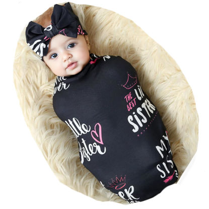 Picture of Galabloomer Newborn Receiving Blanket Headband Set Flower Print Baby Swaddle Blankets (Black Sister)