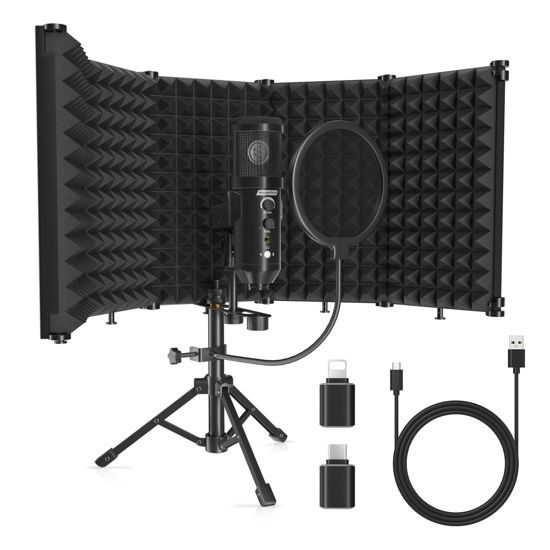 Picture of SwaykTech Studio Recording Microphone Isolation Shield with Pop Filter and Metal Tripod Stand, Studio Mic to PC Laptop Smartphone, Music Microphone for Recording Singing Podcasting