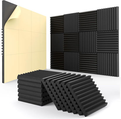 Picture of 12 Pack Self-Adhesive Acoustic Panels - 2”X 12”X 12”Wall Panels - Quick-Recovery and High Density Sound Panels - Sound Proof Acoustic Foam for Home Studio - Black
