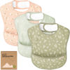 Picture of 3-Pack Waterproof Baby Bibs for Eating - Lightweight Baby Bib with Food Catcher, Mess Proof Toddler Bibs, Waterproof Bibs for Baby Boys, Baby Girls, Feeding Bibs, Drool Bibs, Baby Food Bibs (Bloom)