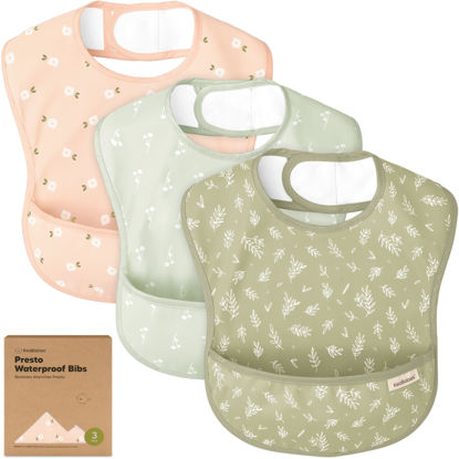 Picture of 3-Pack Waterproof Baby Bibs for Eating - Lightweight Baby Bib with Food Catcher, Mess Proof Toddler Bibs, Waterproof Bibs for Baby Boys, Baby Girls, Feeding Bibs, Drool Bibs, Baby Food Bibs (Bloom)