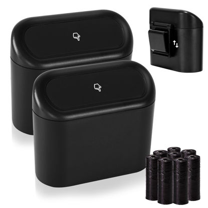 Picture of Ginsco 2 Pack Mini Car Trash Can with Lid, Small Car Garbage Can, Cute Leakproof ABS Car Trash Bin, Car Accessories for Interior, Garbage Bin for Car, Home, Office with 120pcs Trash Bags Black