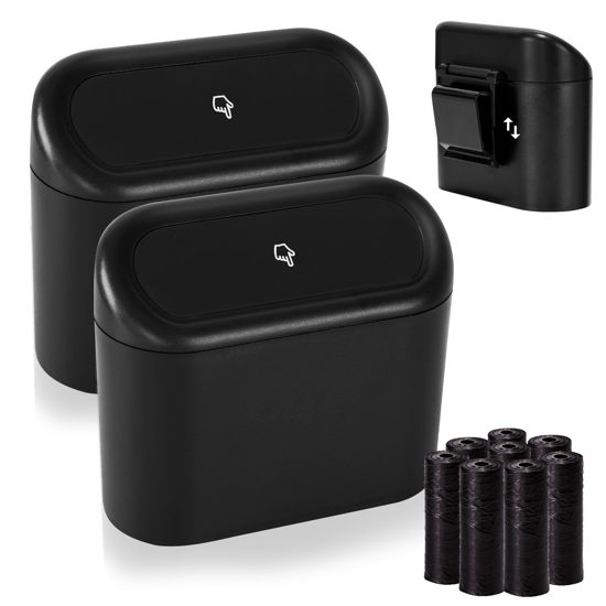 Picture of Ginsco 2 Pack Mini Car Trash Can with Lid, Small Car Garbage Can, Cute Leakproof ABS Car Trash Bin, Car Accessories for Interior, Garbage Bin for Car, Home, Office with 120pcs Trash Bags Black