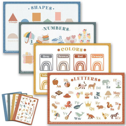 Picture of Babebay Disposable Placemats for Baby, 60 Pack Sticky Toddler Placemat for Restaurants, Dining Table, Party, Travel, 12" x 18" with 4 Designs