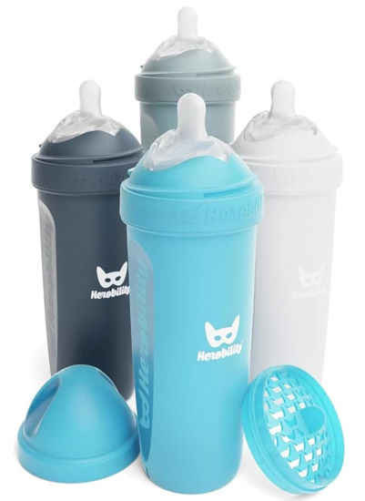 Picture of Herobility Double Anti-Colic Baby Bottles - 12 fl oz/340ml - 4-Pack - BPA-Free - Multicolor - White, Gray, Iron Blue, Blue