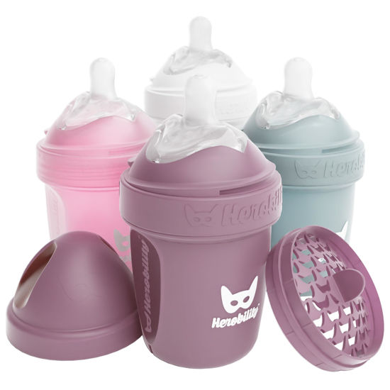 Picture of Herobility Double Anti-Colic Baby Bottles - 5 fl oz/140ml - 4-Pack - BPA-Free - Multicolor - White, Gray, Pink, Hawthorn Rose